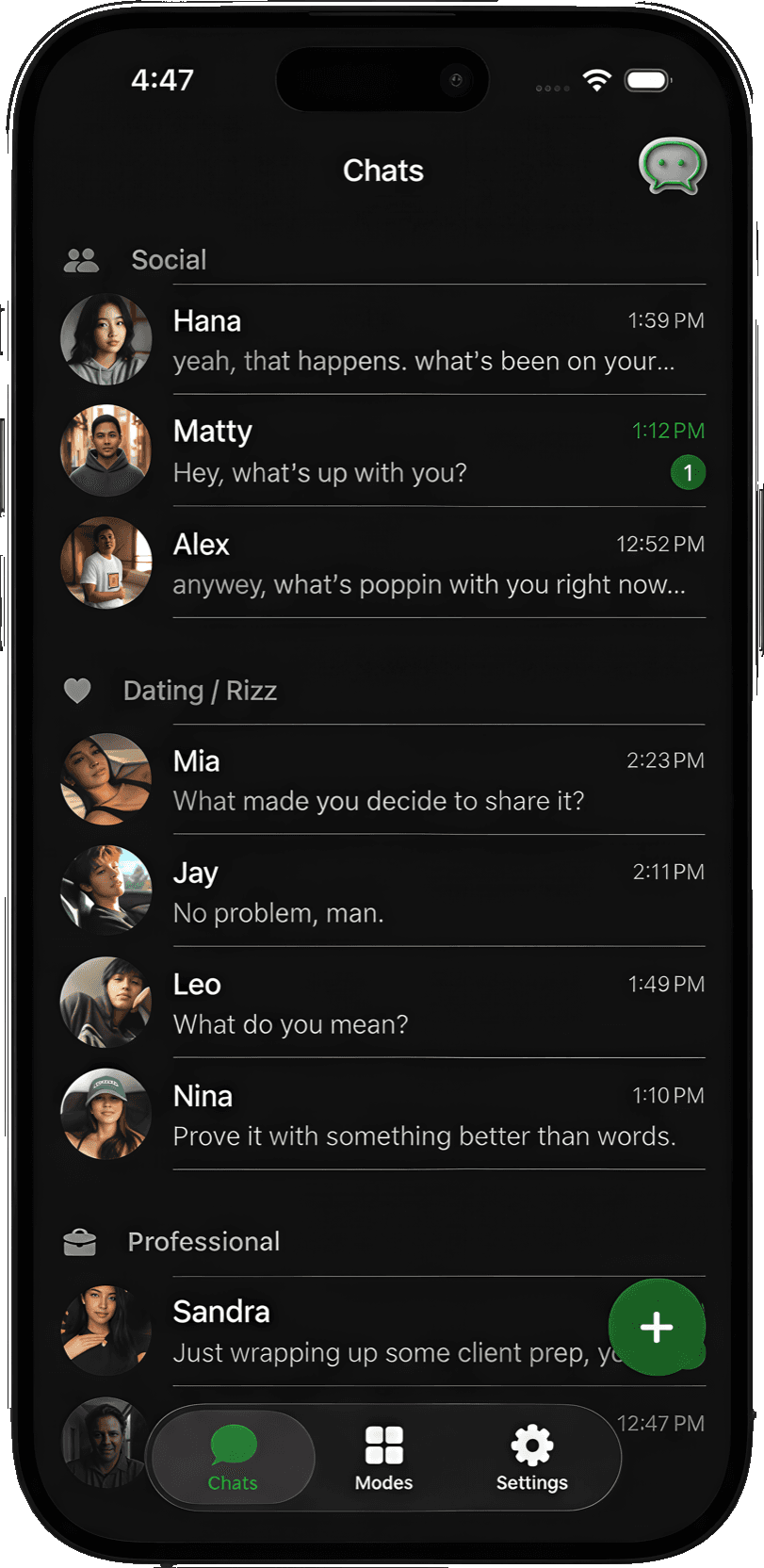 WhatsGen chat list showing recent conversations